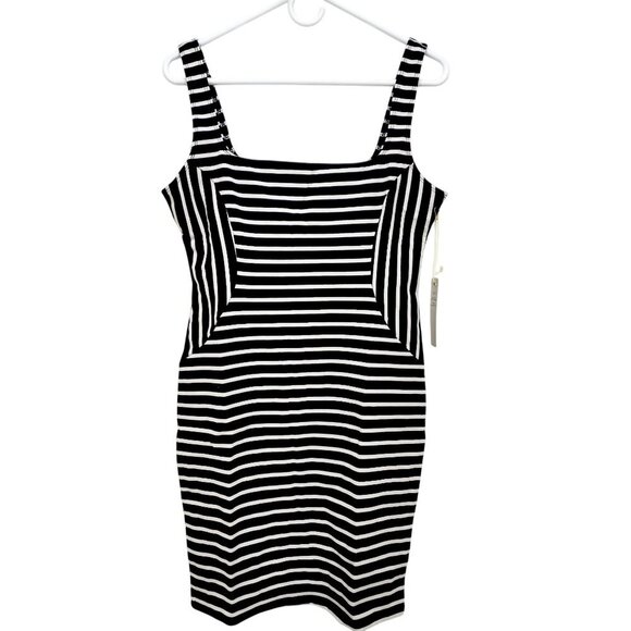 Striped Black & White Bodycon Dress - Square Neckline Sleeveless Stretchy Size L - Picture 1 of 9